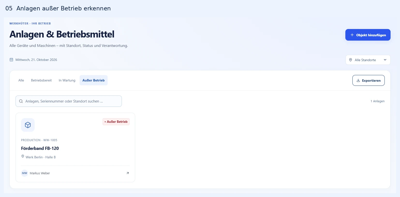 Statusfilter Außer Betrieb zeigt Förderband FB-120 am Standort Werk Berlin, Halle B, mit Markus Weber als Verantwortlichem.