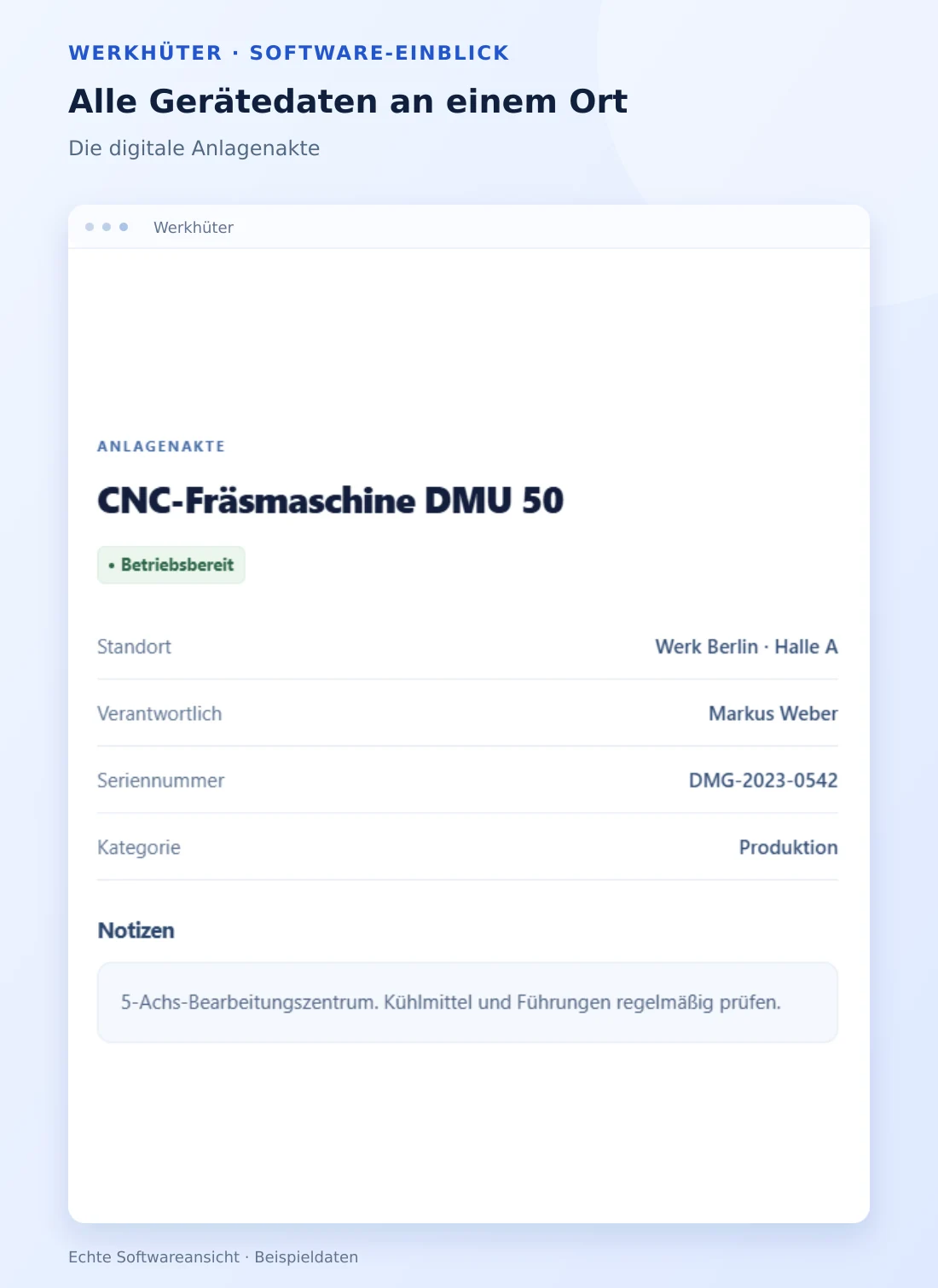 Digitale Anlagenakte einer CNC-Fräsmaschine in Werkhüter mit Seriennummer, Standort und Verantwortlichem