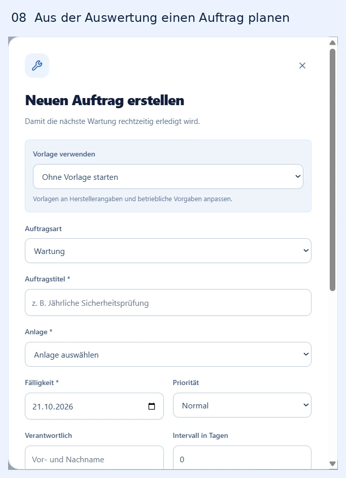 Oberer Teil des Formulars Neuen Auftrag erstellen mit Vorlage, Auftragsart, Auftragstitel, Anlage, Fälligkeit, Priorität, Verantwortung und Tagesintervall.