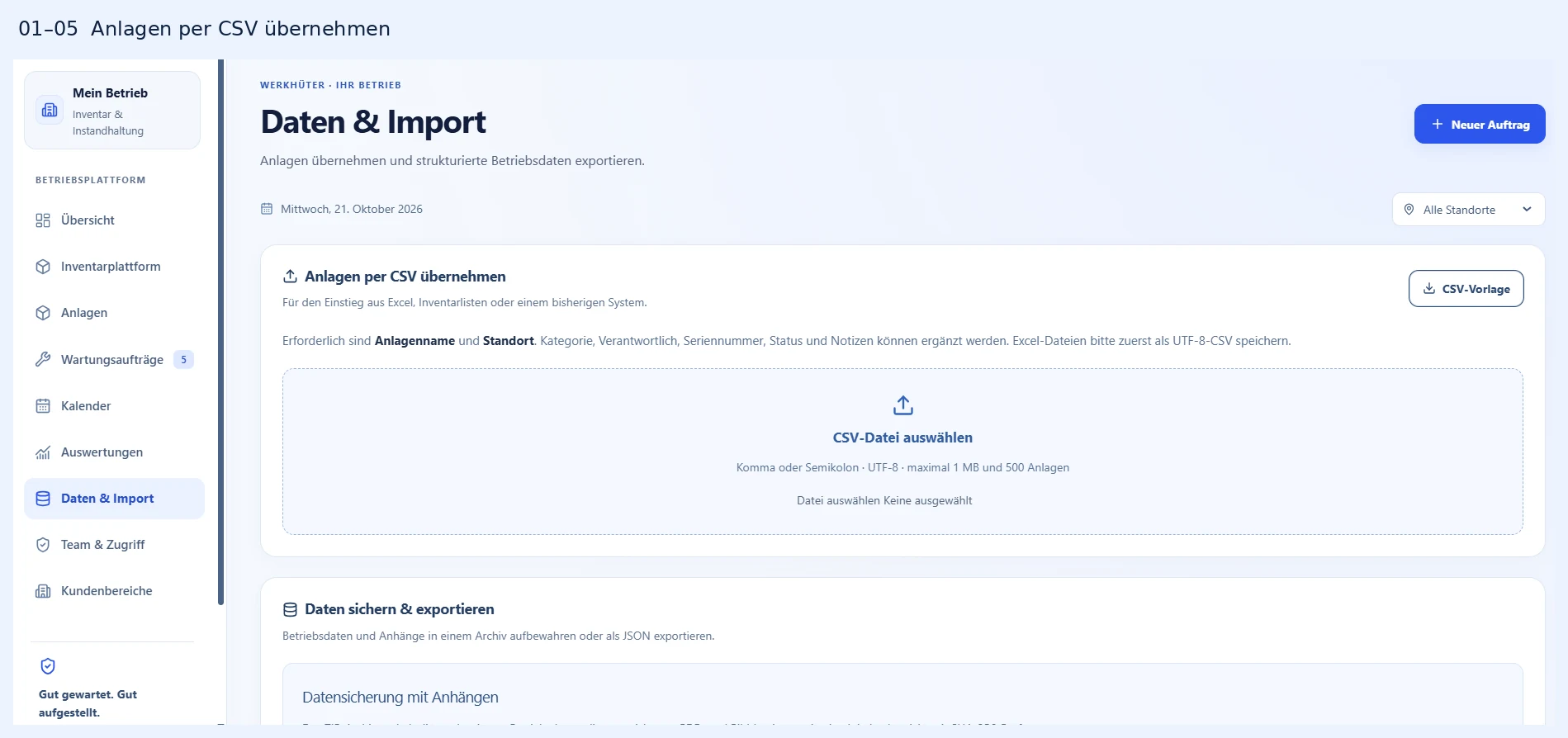 Daten und Import mit CSV-Vorlage, Pflichtfeldern Anlagenname und Standort sowie Dateiauswahl für UTF-8-CSV bis 1 MB und 500 Anlagen.