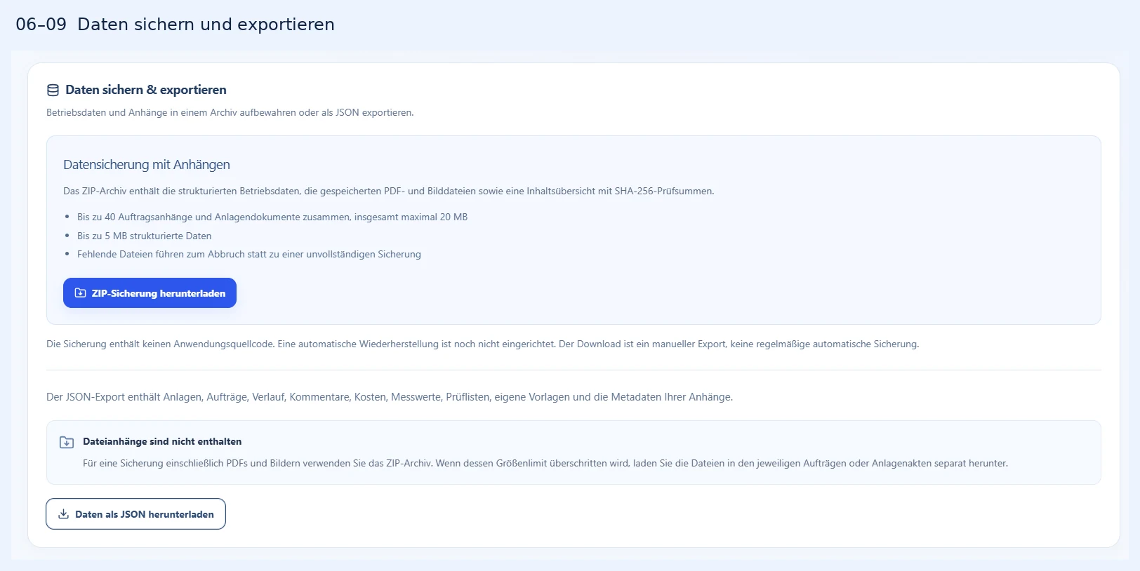 Daten sichern und exportieren mit ZIP-Sicherung einschließlich Anhängen, Archivgrenzen, Hinweis zur fehlenden automatischen Wiederherstellung und JSON-Export ohne Anhangdateien.