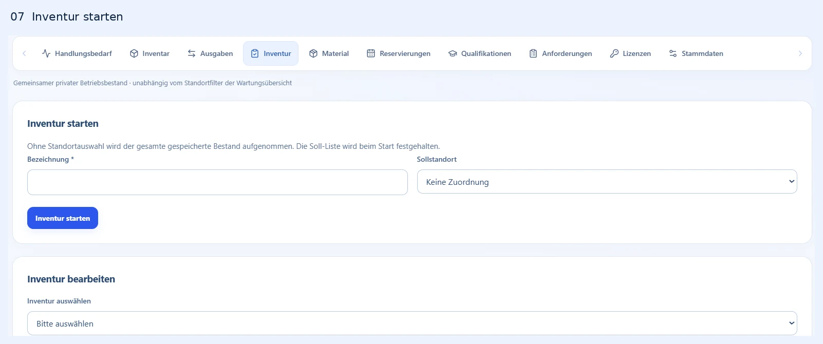 Inventur-Modul mit Bezeichnung, optionalem Sollstandort, Inventur starten und Auswahl einer bestehenden Inventur.
