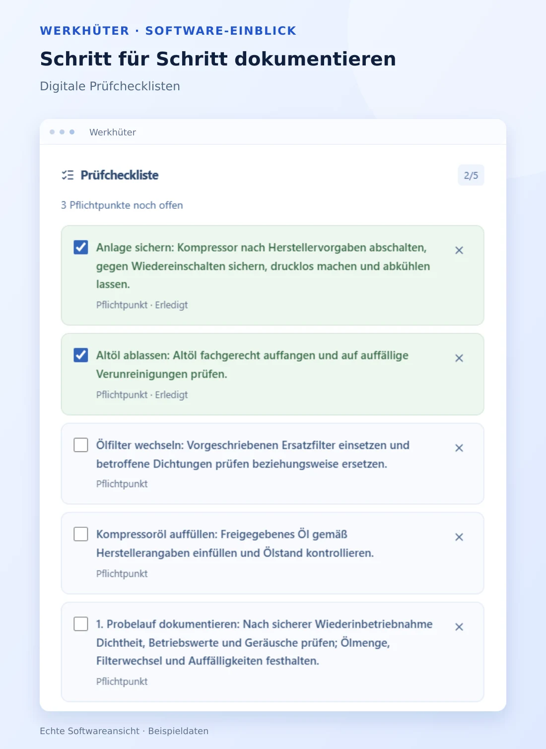 Digitale Wartungscheckliste in Werkhüter mit fünf Prüfpunkten, zwei erledigt und drei offen