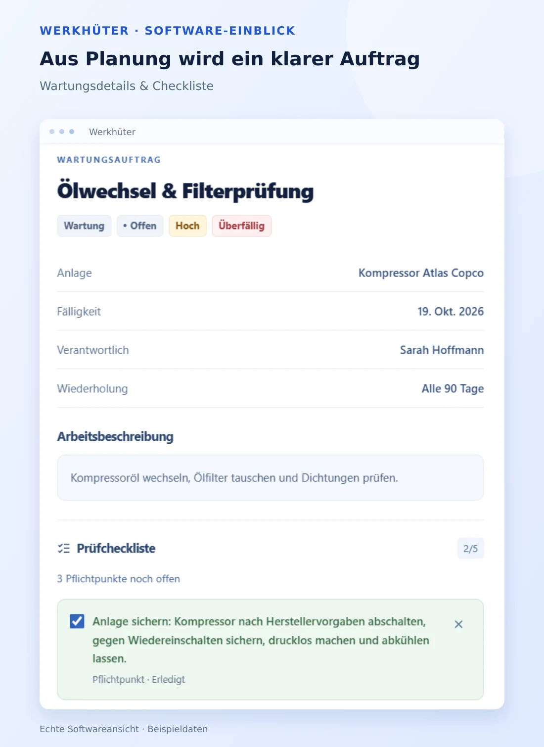 Wartungsauftrag Ölwechsel und Filterprüfung in Werkhüter mit Termin, Zuständigkeit und Prüfcheckliste