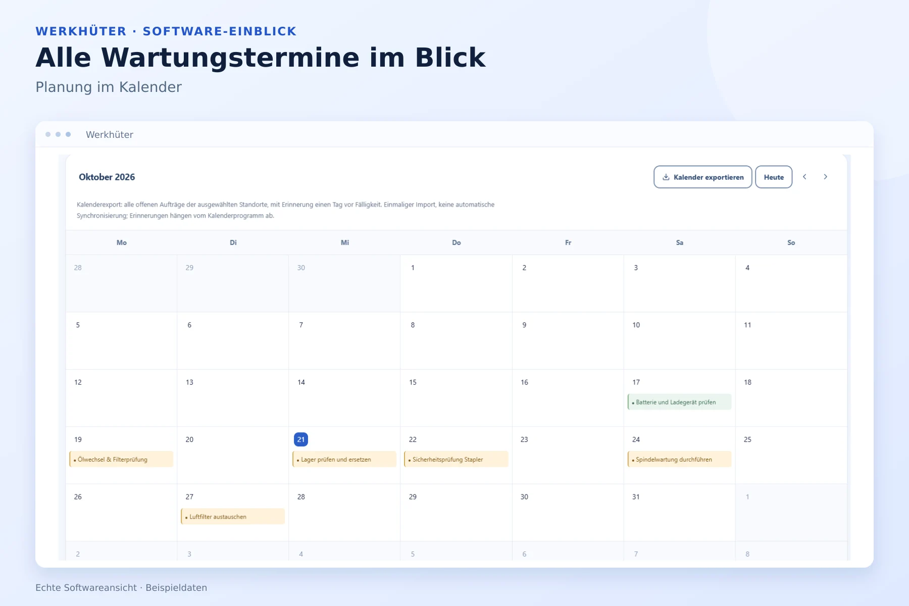 Wartungskalender in Werkhüter mit eingetragenen Wartungsaufträgen im Oktober 2026